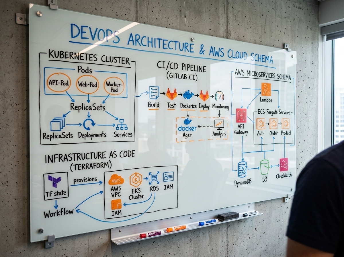 Pizarrón de arquitectura y planificación metodológica DevOps